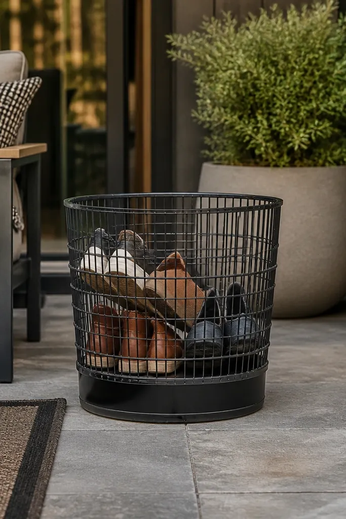 Wire basket ottoman on a patio with shoes stored inside on a raised base