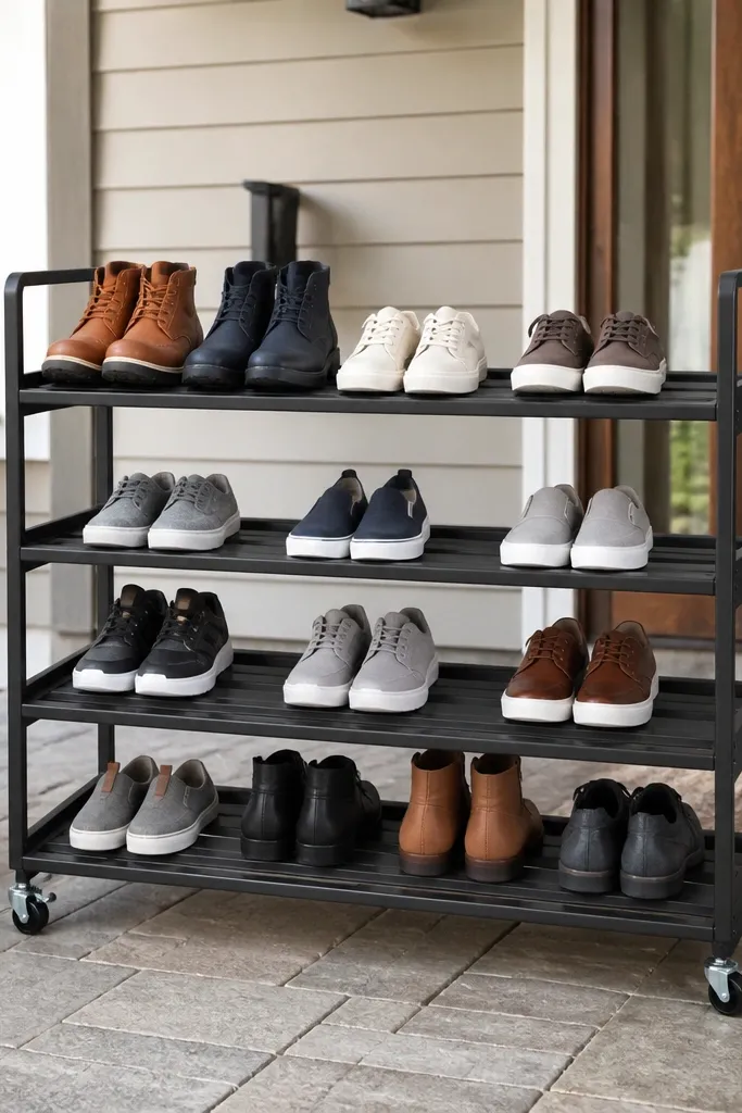 Small outdoor rolling cart with slatted shelves holding shoes neatly