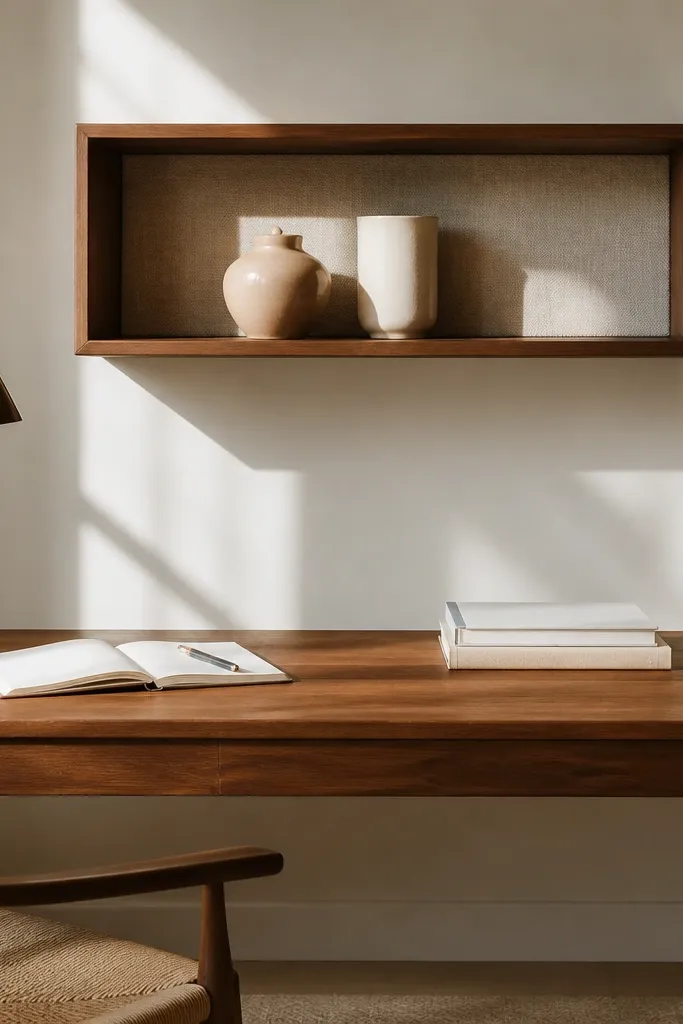 Small walnut shelf with a linen panel behind it