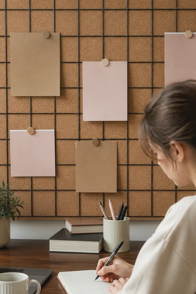 Cork board with a neat grid and paper notes pinned in warm colors