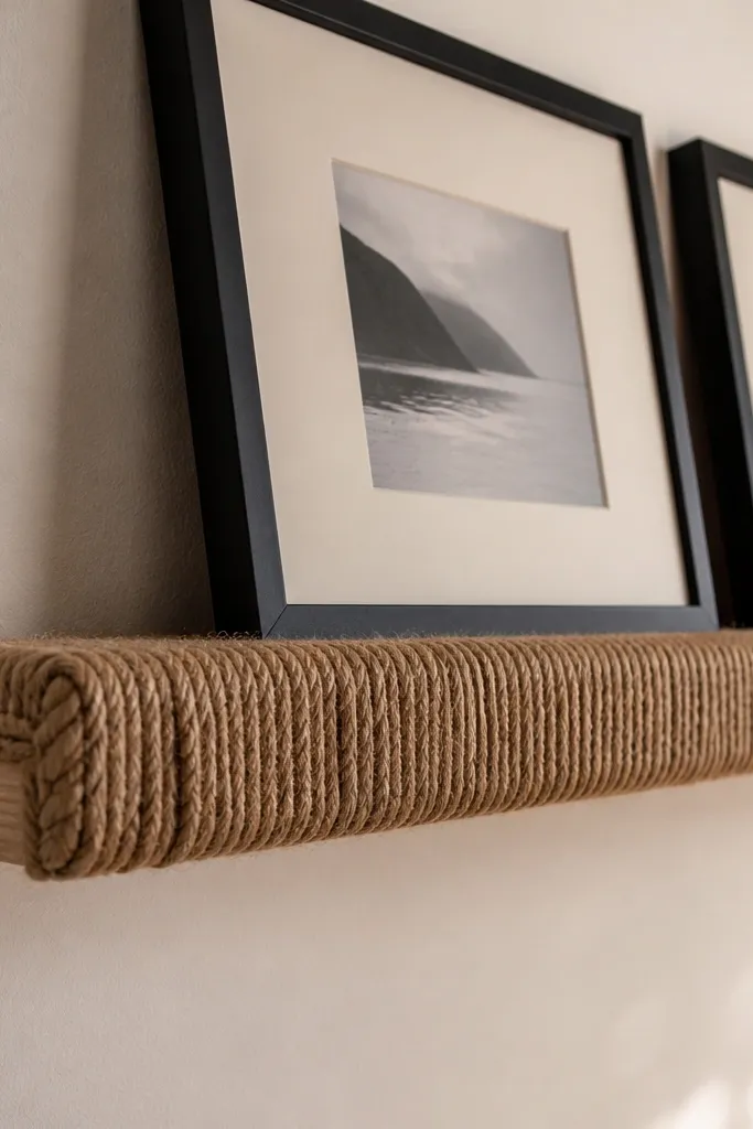 Wood ledge wrapped with rope with two simple frames above a desk