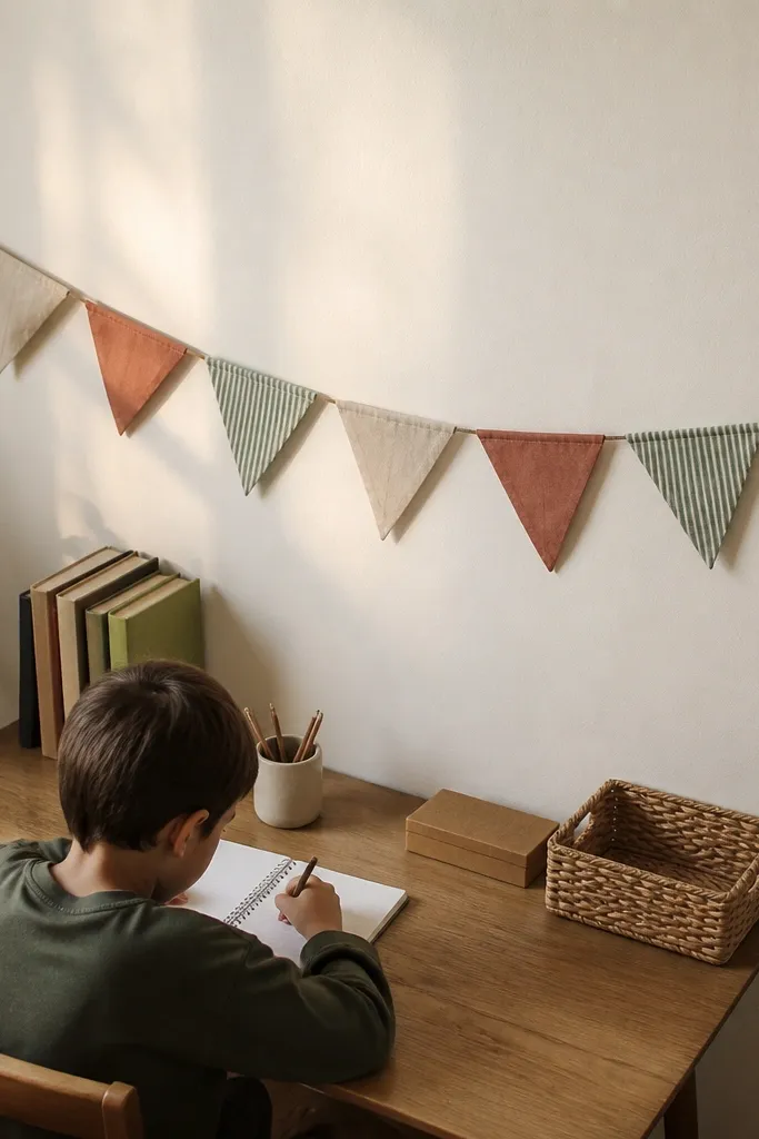 Small fabric pennant banner with three warm stripe colors