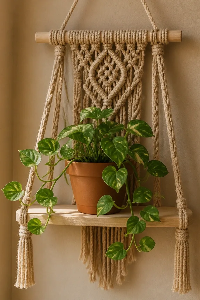 Small macramé wall shelf holding a plant pot near a desk wall