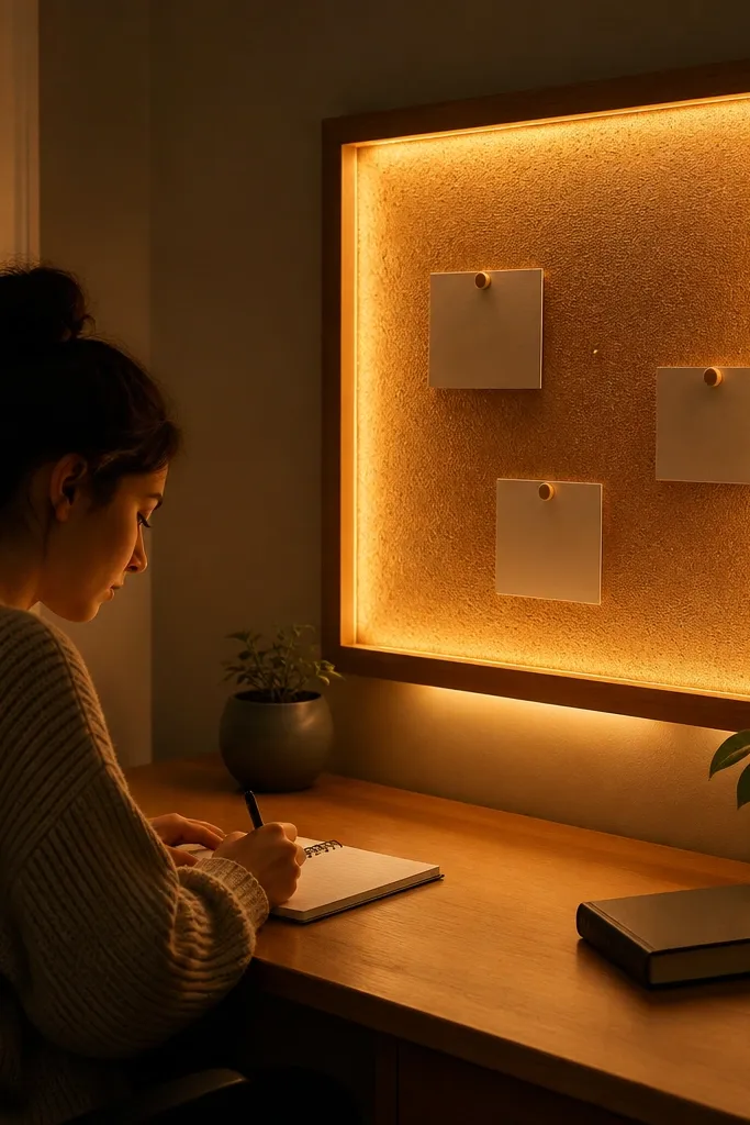 Cork letter board with warm LED glow behind it