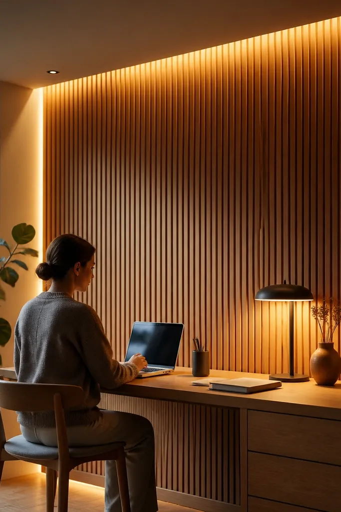 Wood slat panel on wall with soft warm string lights tucked behind