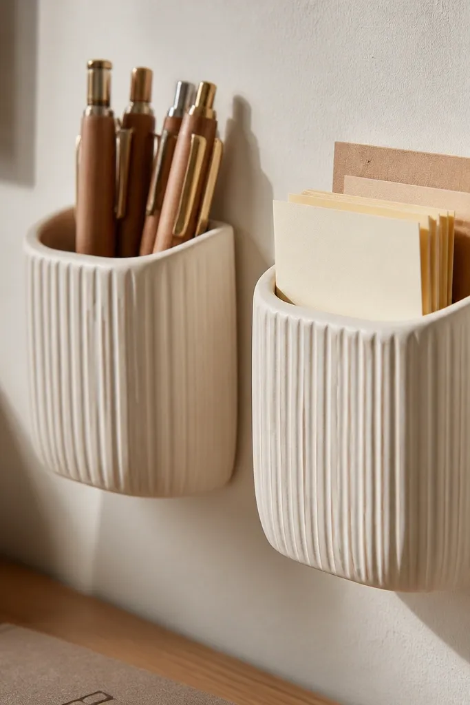 Two ribbed ceramic pockets holding pens and small notes on a wall
