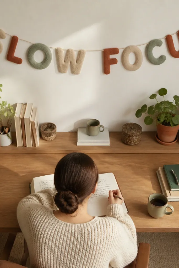 Felt letter garland above a desk in warm neutral colors