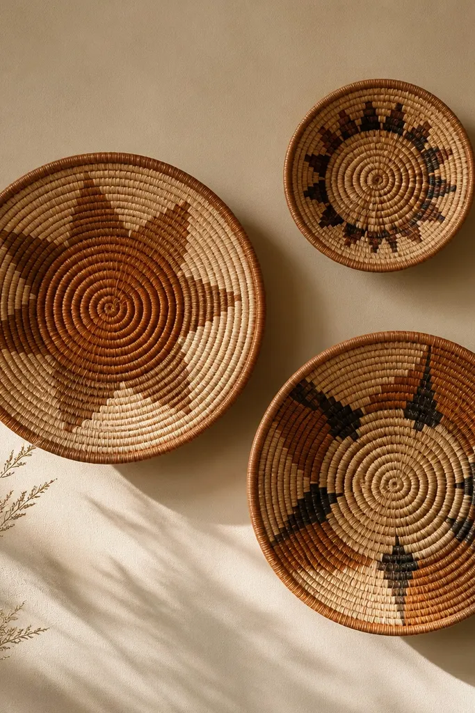 Three woven baskets on a wall in matching warm tones