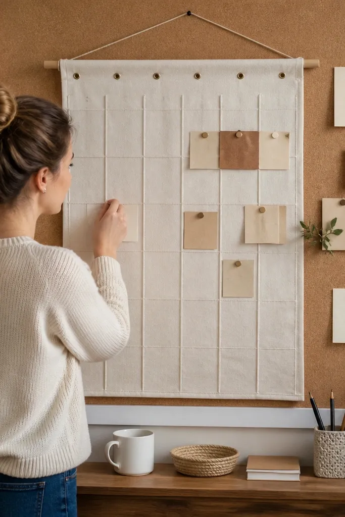 Canvas wall calendar with cork backing and pinned reminders