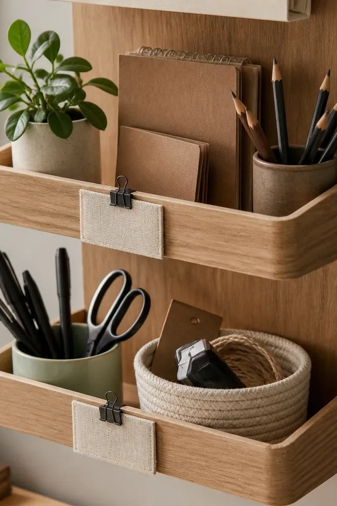 Shallow wall trays with linen tags for study supplies