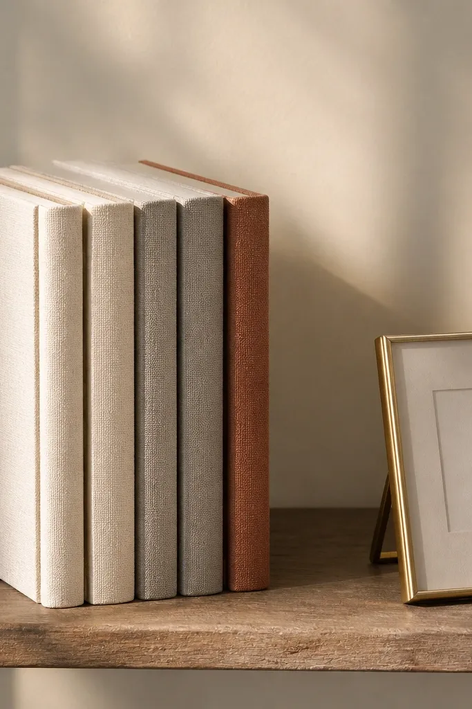 Small shelf with fabric-covered books and a warm framed card