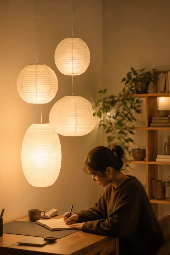 Small warm paper lanterns arranged on a study wall