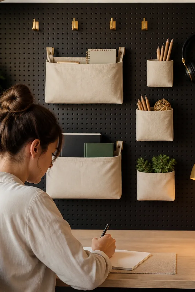 Pegboard wall with brass hooks and fabric bins for notes and tools