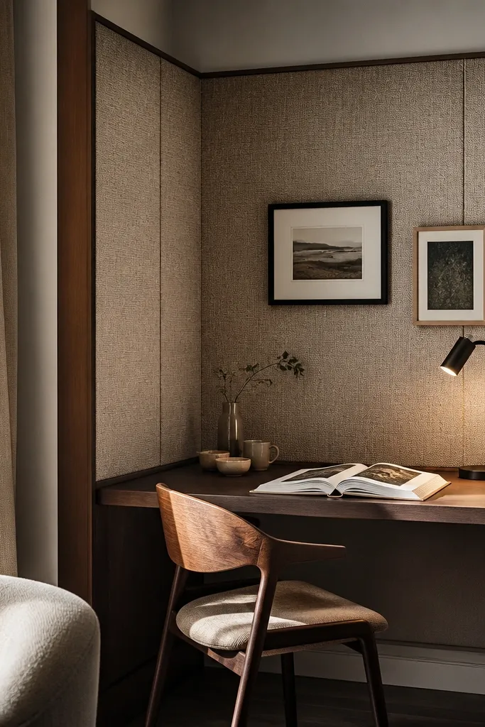 Fabric wall panel in a corner with a small shelf and warm decor