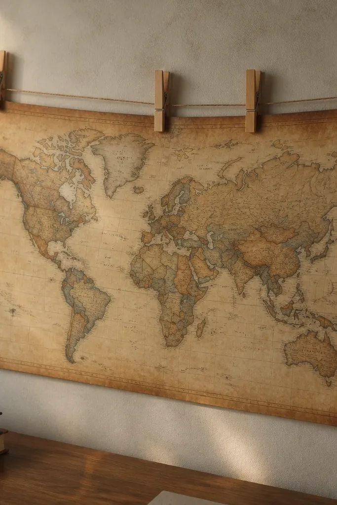 Map print clipped to a line on a wall with warm wood clips