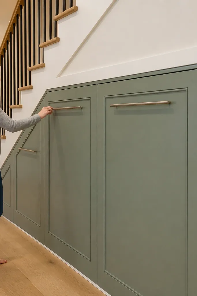 White plywood cubbies under stairs with straight rail fronts and uniform shelf spacing