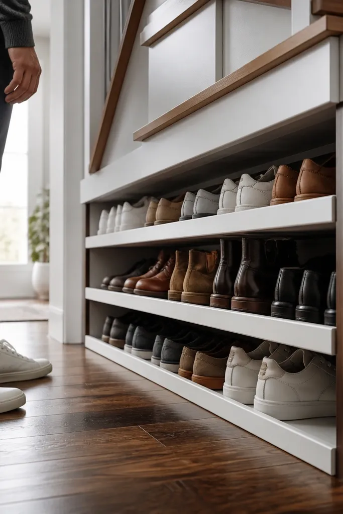 Wood shoe shelves under stairs with a low lip to stop shoes sliding