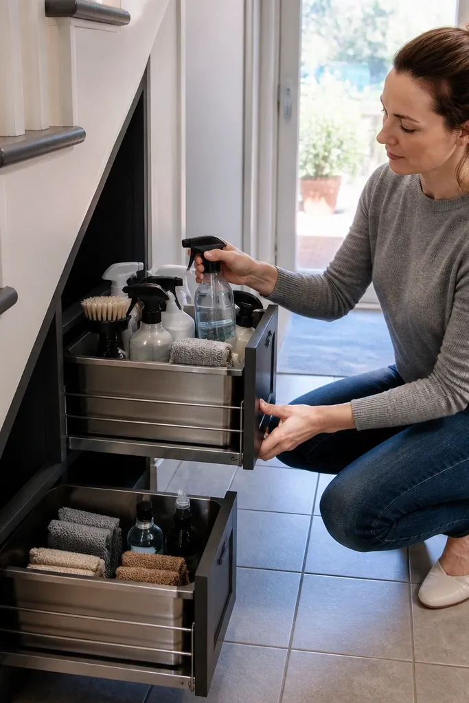 White under-stairs frame with pull-out bins and simple labels on drawer fronts