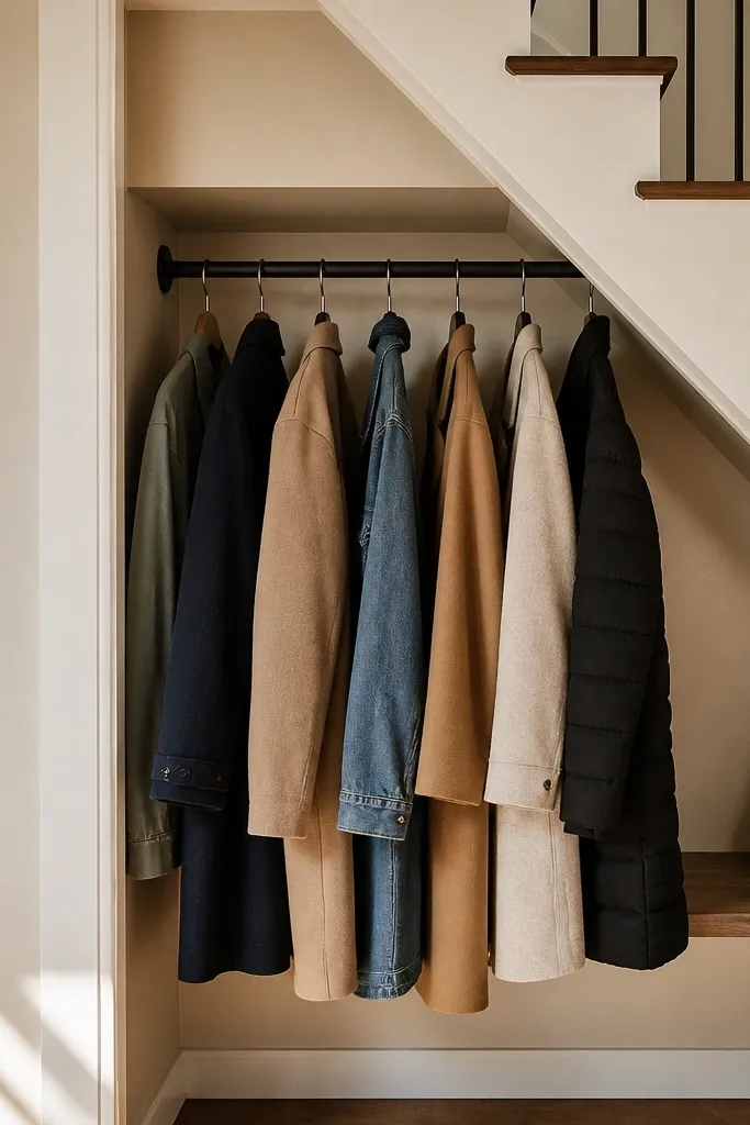 Coat rail under stairs with a boxed back panel and open area for hangers