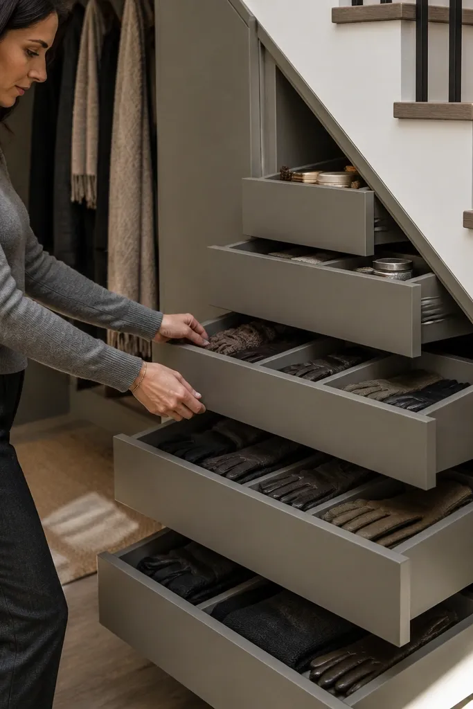 Narrow under-stairs drawer stack with evenly spaced fronts and small labels
