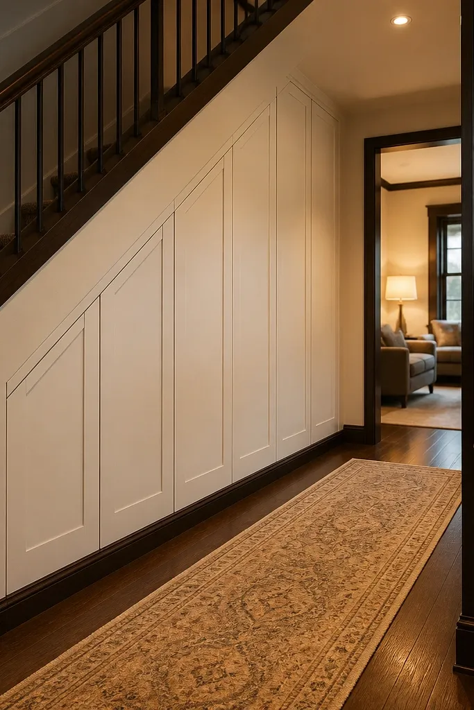 Shaker-style cabinet doors under stairs with clean lines and no visible clutter