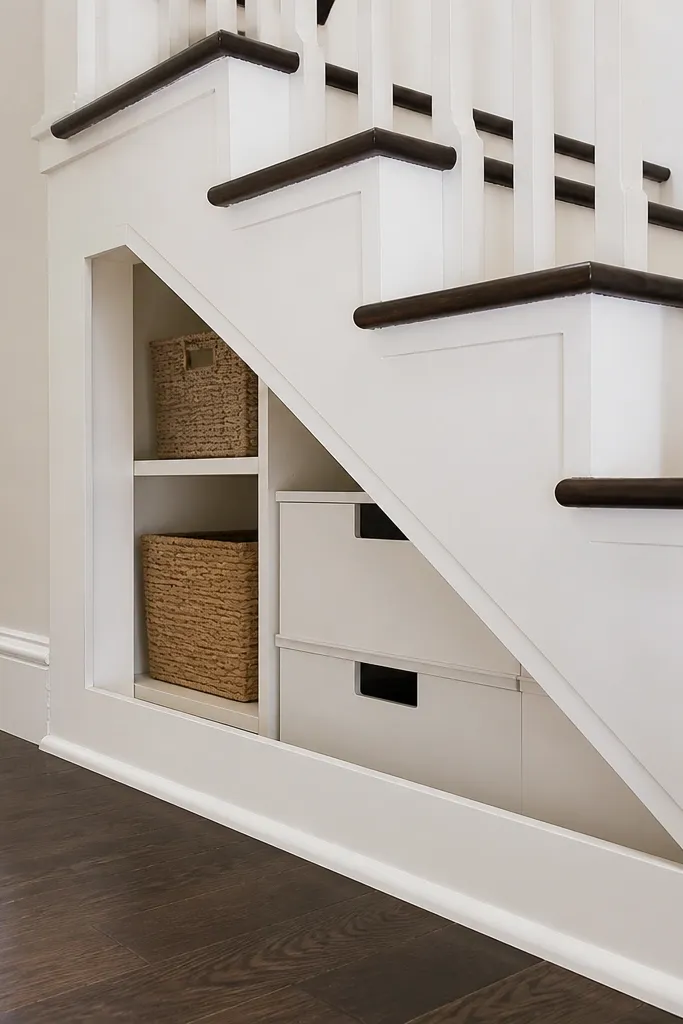 Under-stairs storage with angled side panels that follow the stair underside cleanly