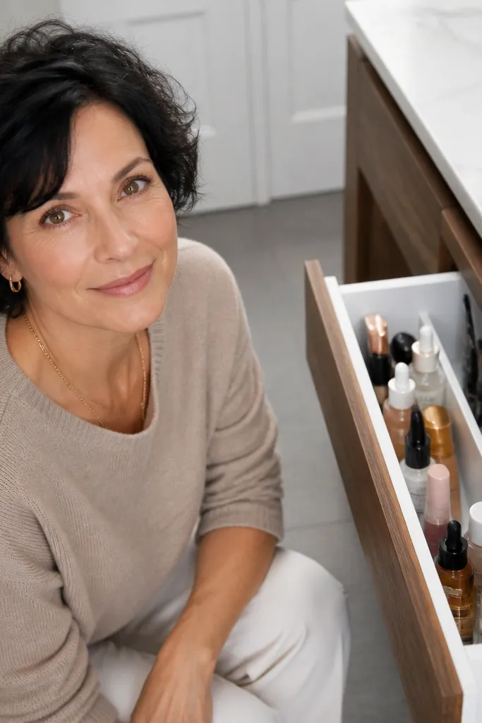 Vanity drawer with vertical organizers holding foundation, lip products, and skincare bottles