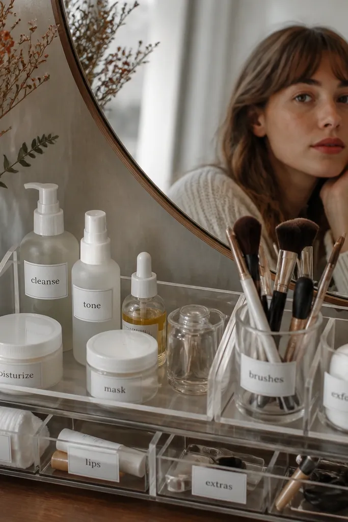 Small label tags on clear bins reading Cleanser, Primer, Lashes, and Setting spray