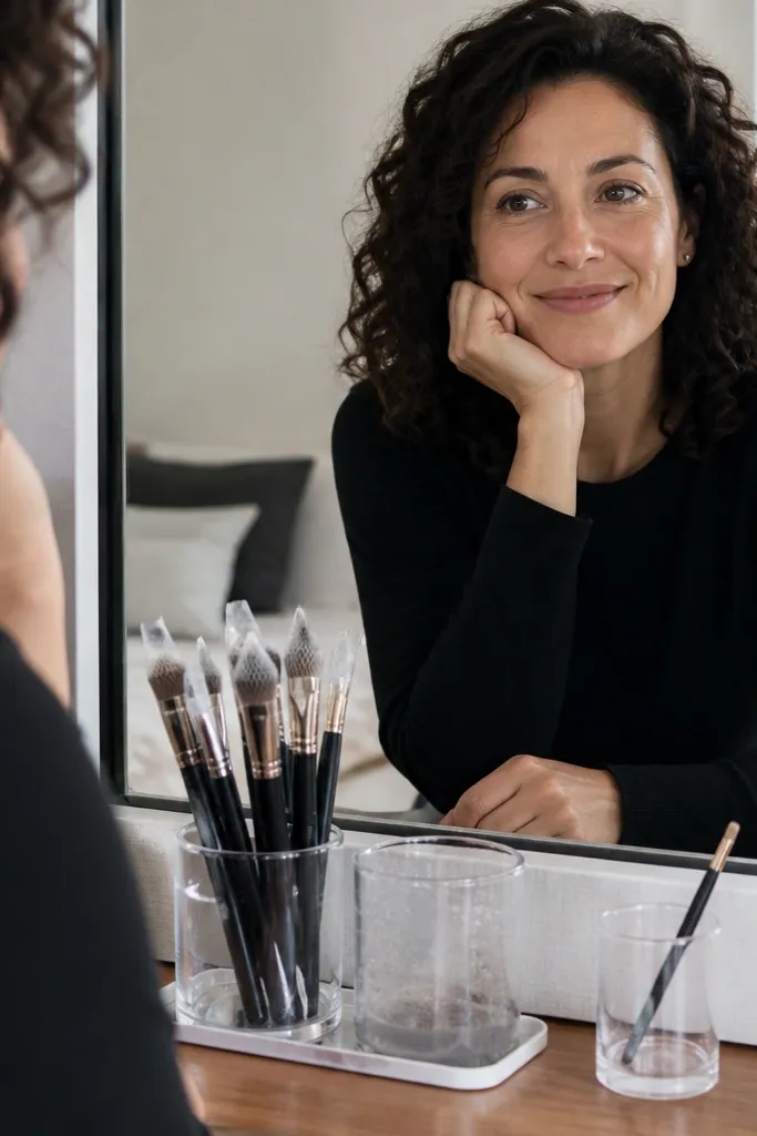 Two upright brush cups on vanity with a separate cup for clean and dirty brushes