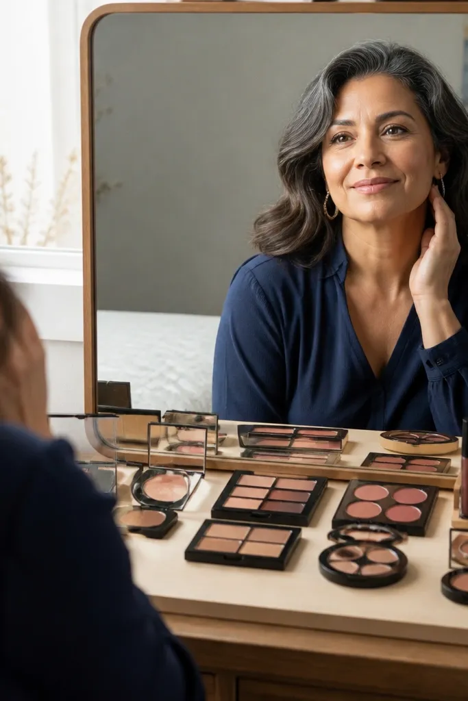 Small backing board on vanity holding compact palettes and lip products neatly in rows