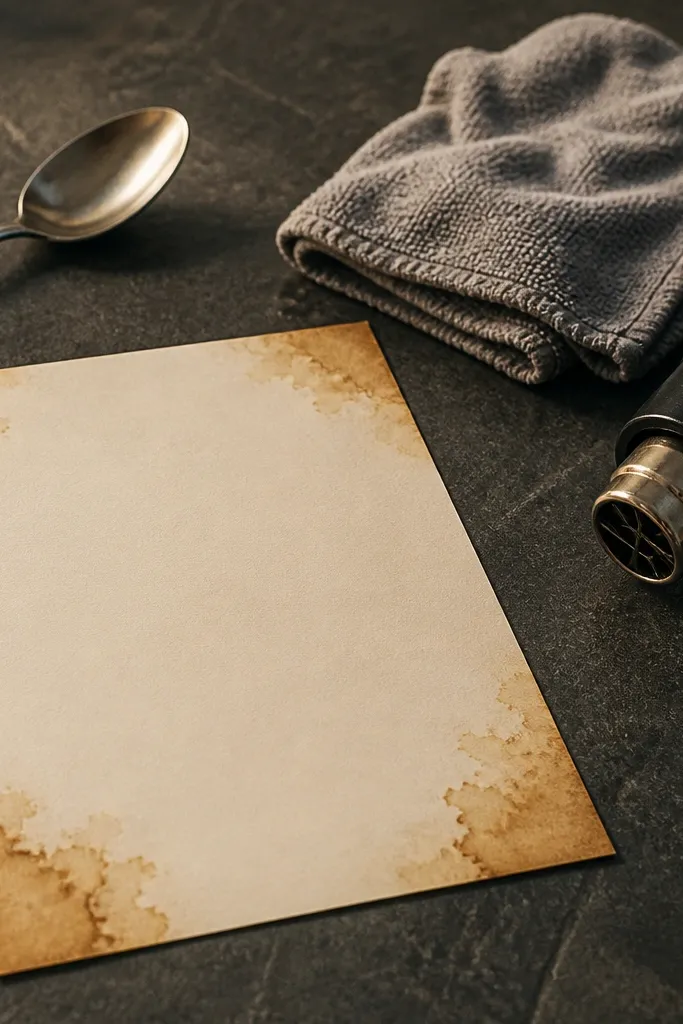 A vintage paper page with darker coffee blooms in corners and soft speckling.