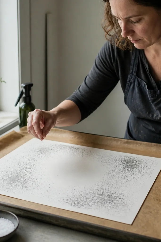 Cream paper with scattered salt speckles and faint aged patches across the surface.