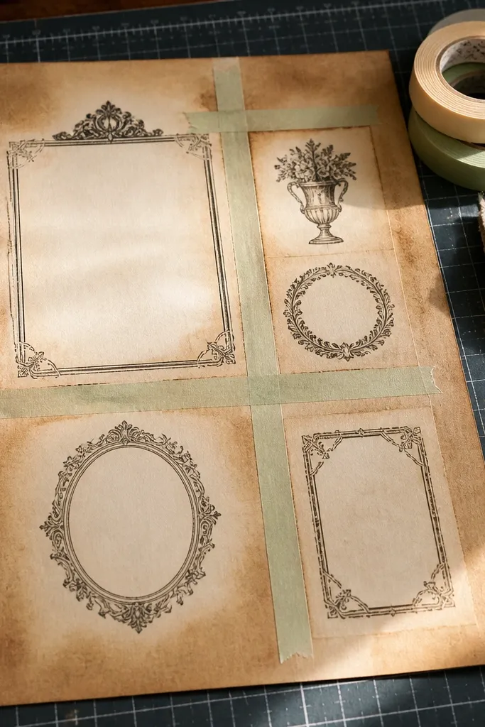 Aged paper with clean white rectangles and lines where washi tape resisted staining.