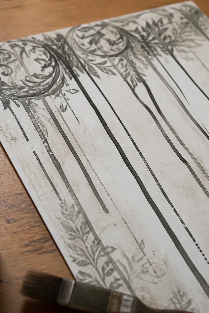 Paper with subtle drip marks and a matte antique wash around the top and edges.