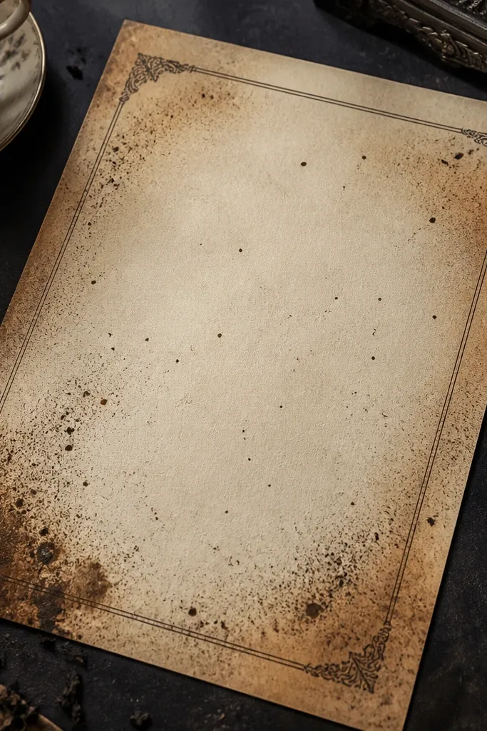 Paper with fine speckles and a warm tea edge vignette.