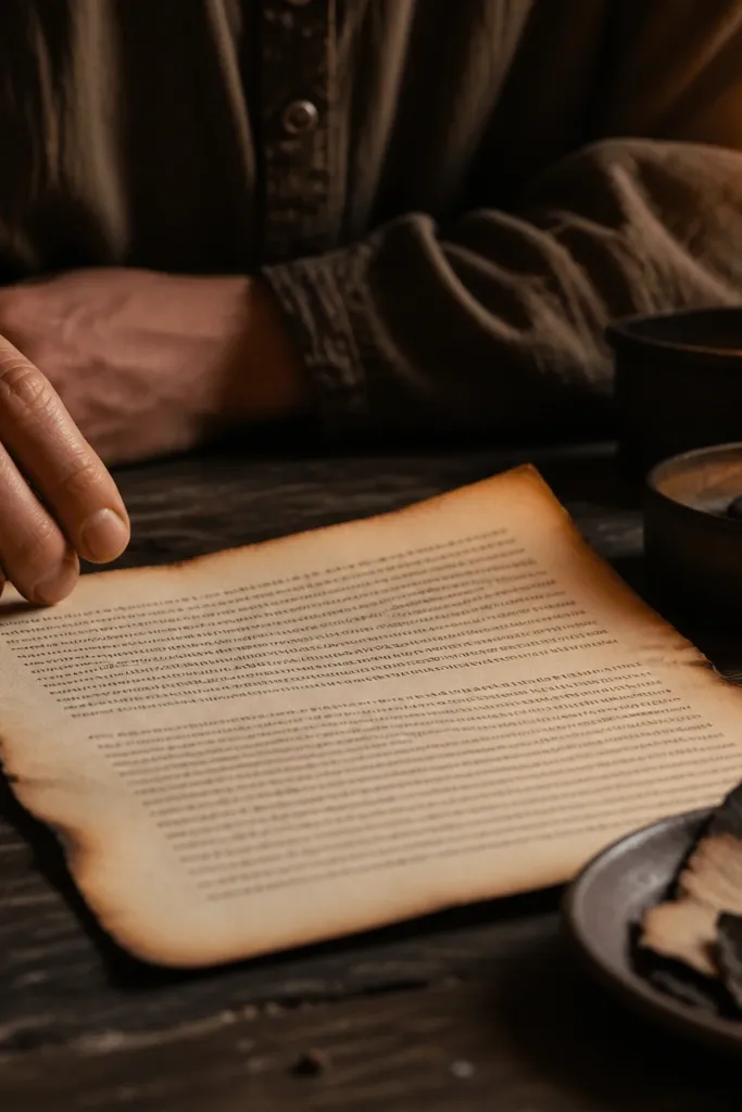 Paper with warm browned edges and gentle darkening near corners without burned holes.