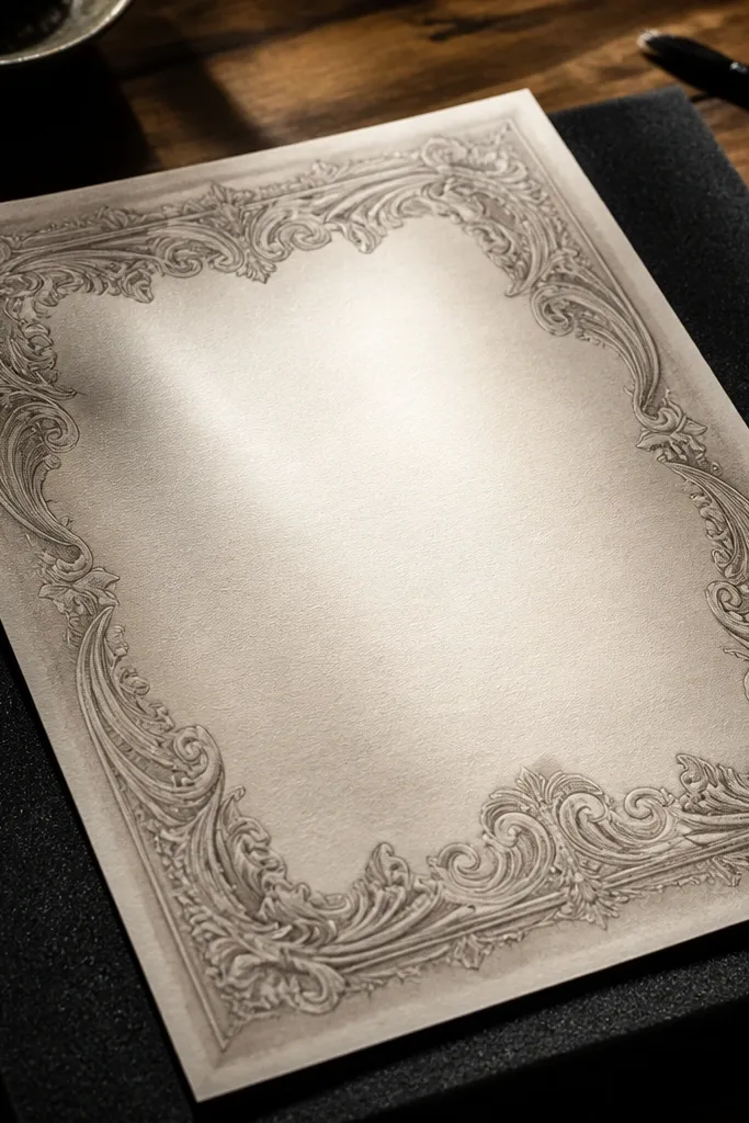 Paper with deeper shadows around raised border lines and subtle aged tint.