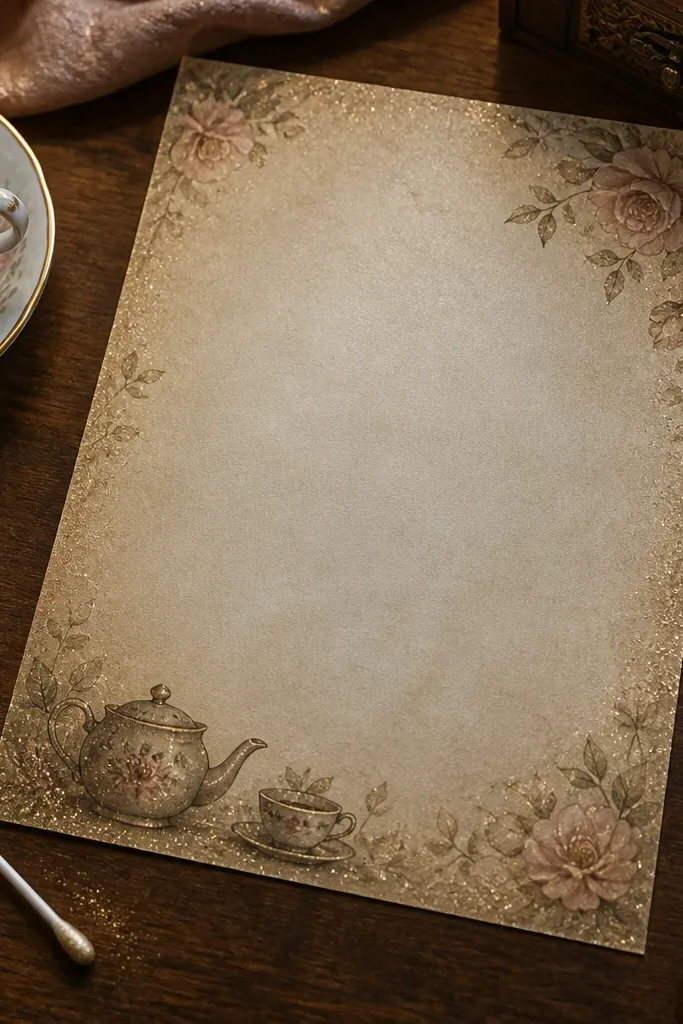 Aged cream paper with subtle shimmer concentrated near edges and corners.