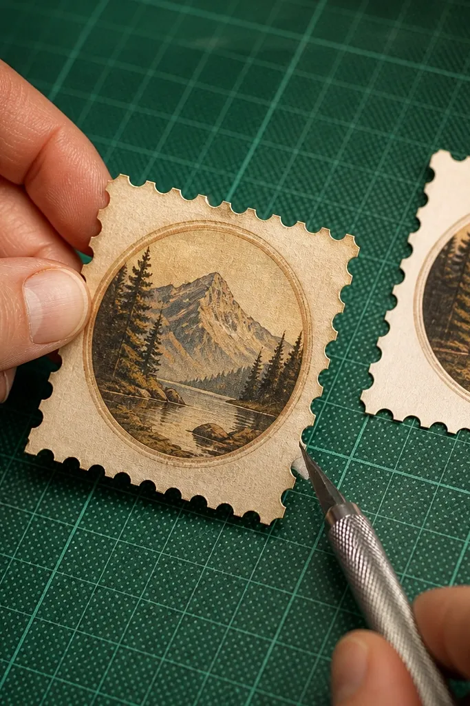 Vintage postage stamp frame with clean edges on a journal page