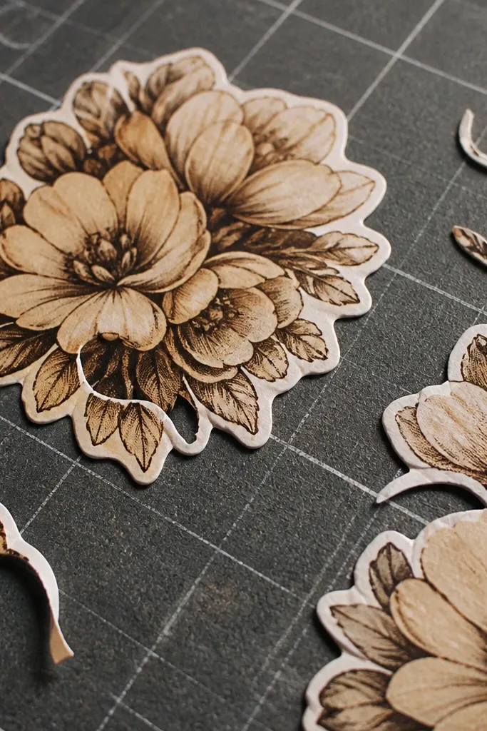 Sepia flower cluster sticker with smooth, layered cut edges