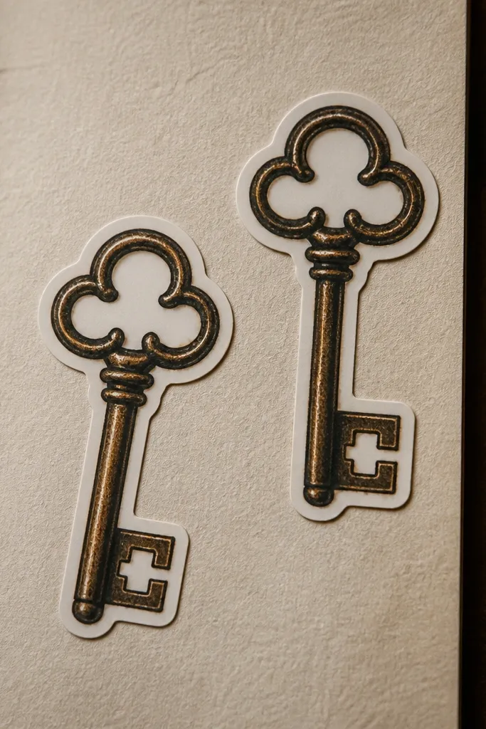 Vintage key sticker with crisp outline over textured background