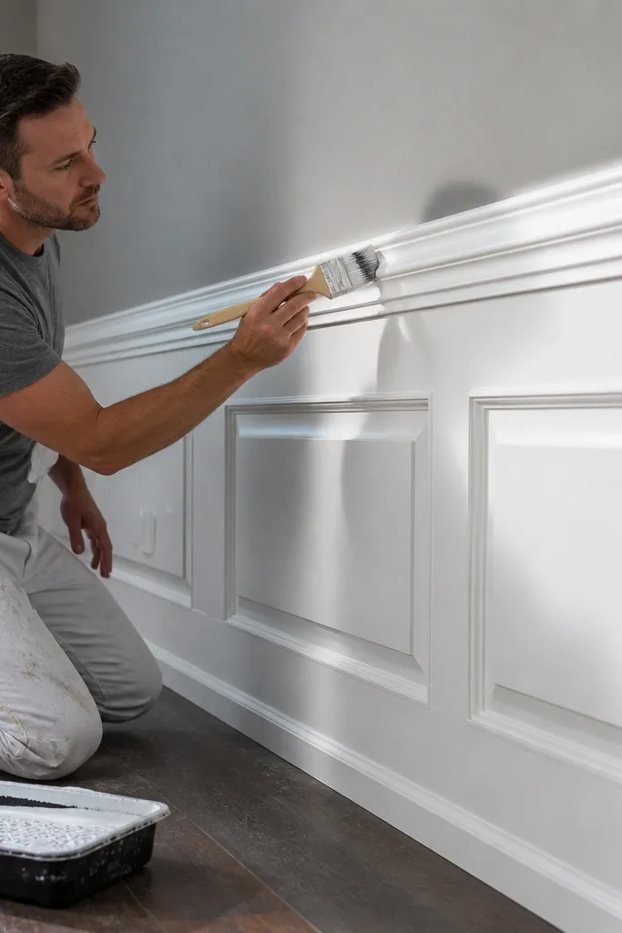 Painted wall moulding with sharp shadow lines and no smeared caulk