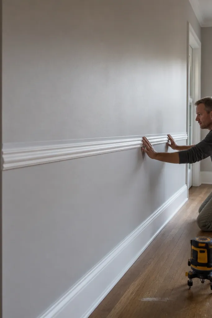 Chalk line marked on a wall with moulding installed aligned to the line
