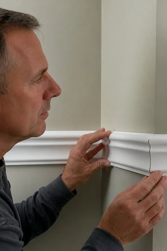 Inside corner moulding with tight coping line and clean paint finish