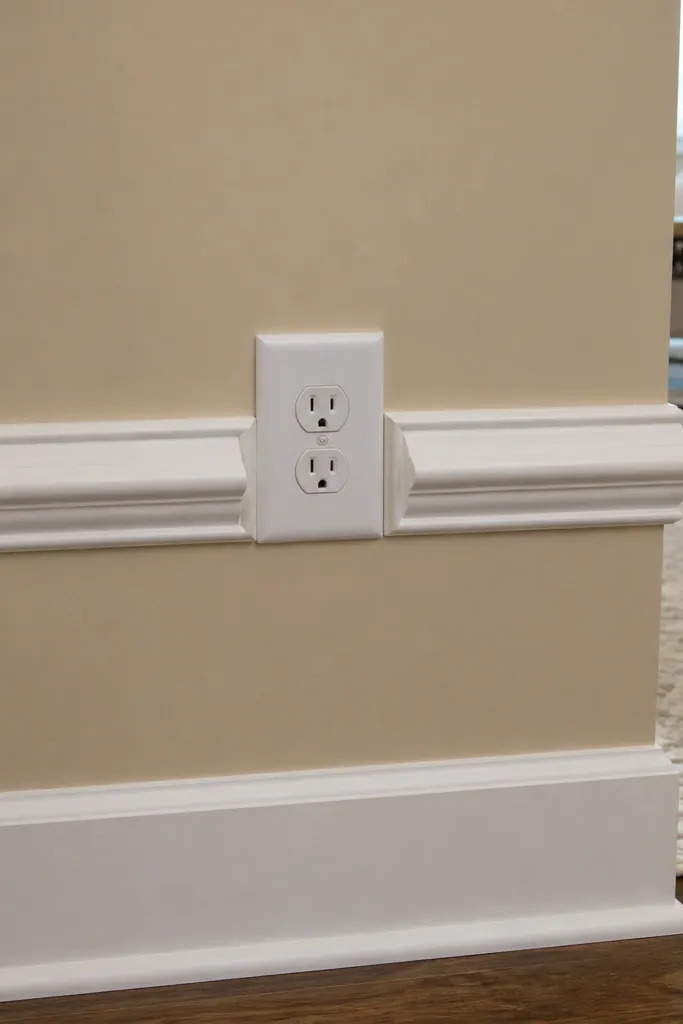 Wall moulding routed around an outlet box with clean edges and caulked seams