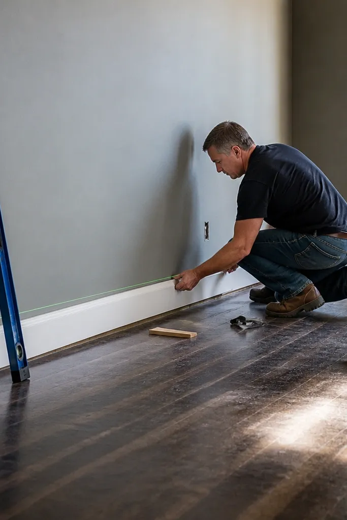 Moulding installed level with slight height changes relative to the floor