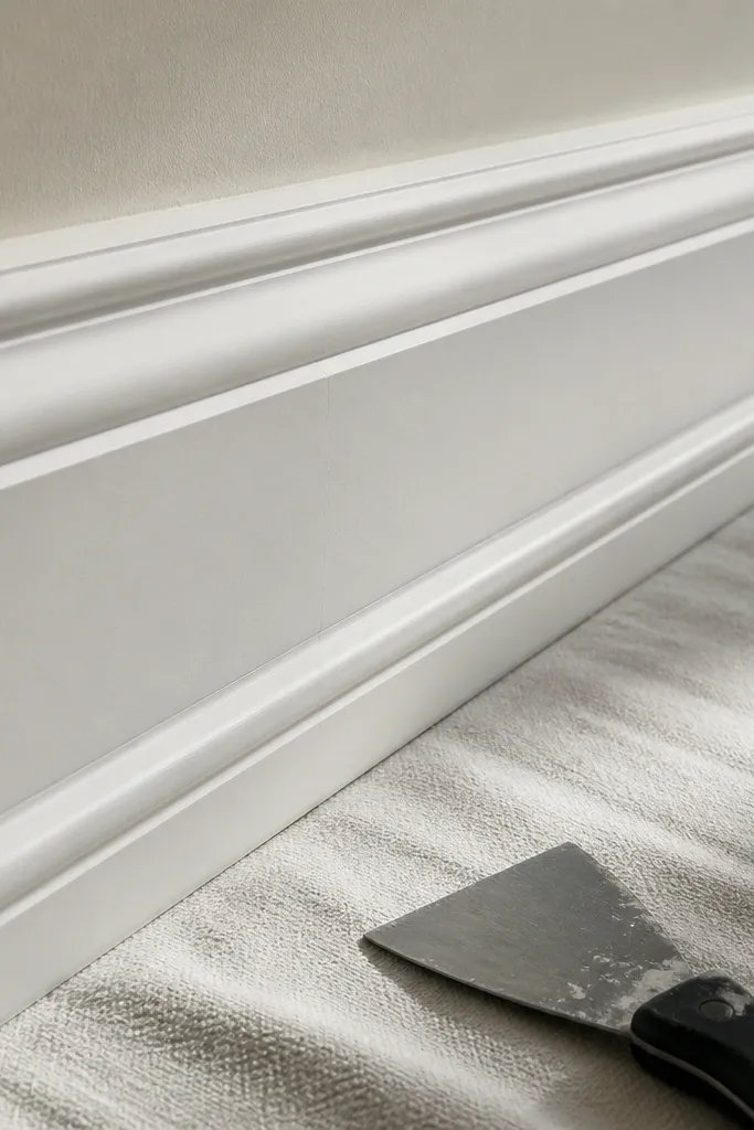 Smooth filled nail holes on white wall moulding with no bumps