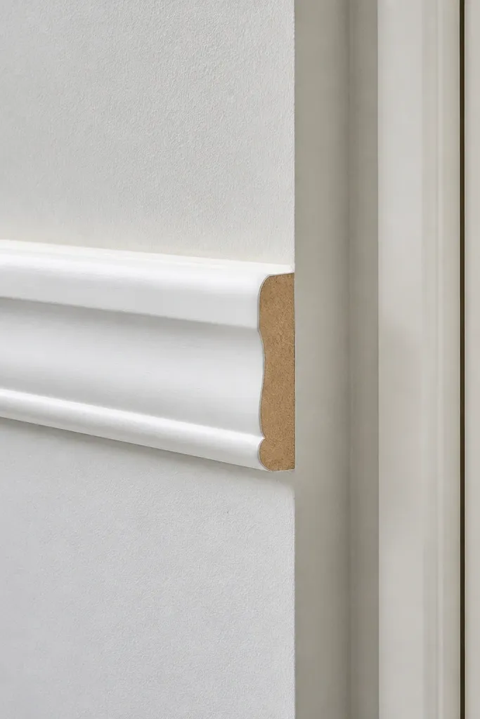 Primed MDF moulding with smooth white surface and crisp edges