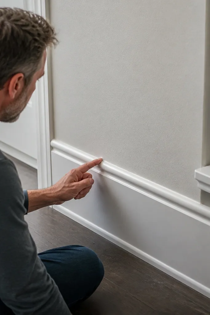 Thin caulk line at seam and smooth paint finish on wall moulding