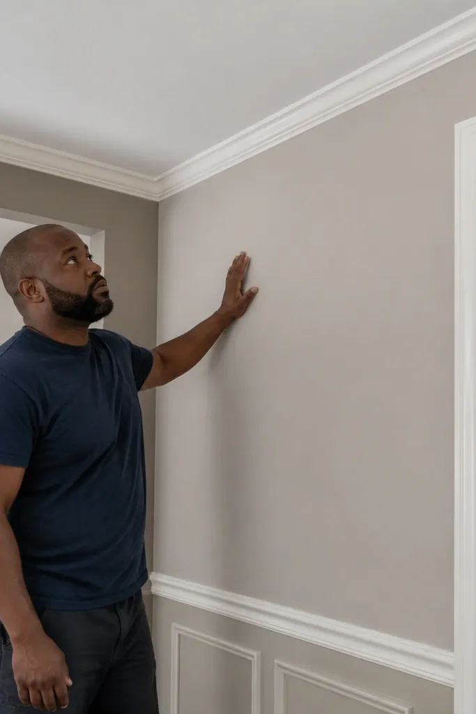 Moulding fastened to studs with drywall anchors only as backup